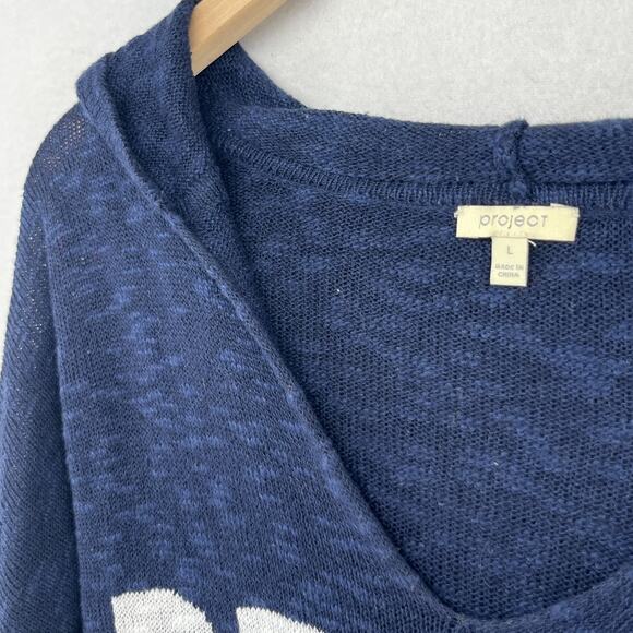 PROJECT Sweater Womens L BEACH Intarsia Slub Hooded Pullover Linen Cotton Blue - Picture 8 of 15